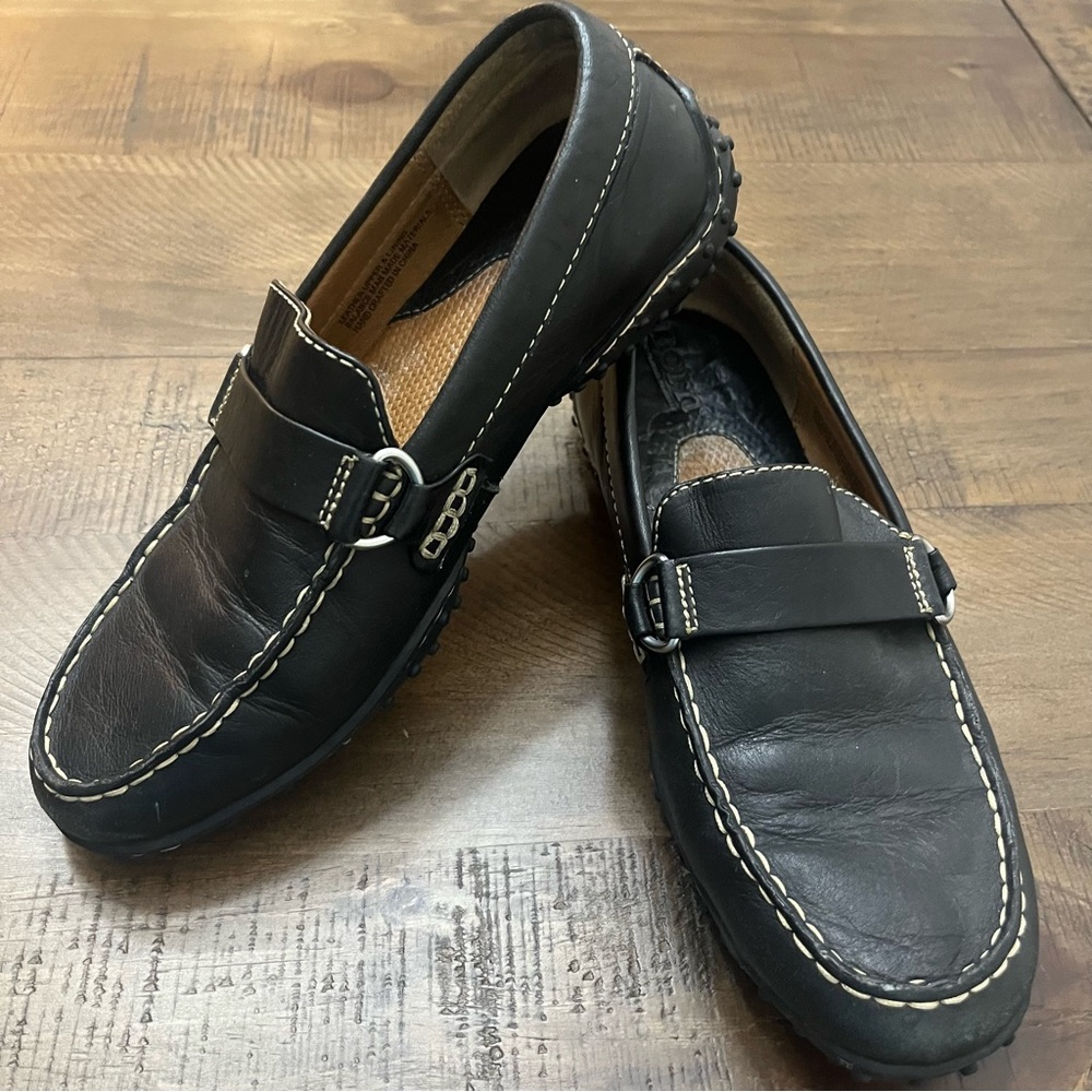 Born Black Leather Driving Loafers with White Contrast Stitching